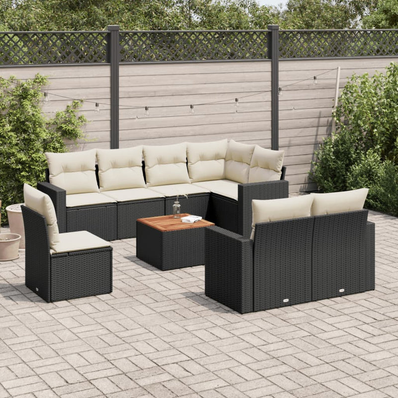 9 Piece Garden Sofa Set with Cushions Black Poly Rattan