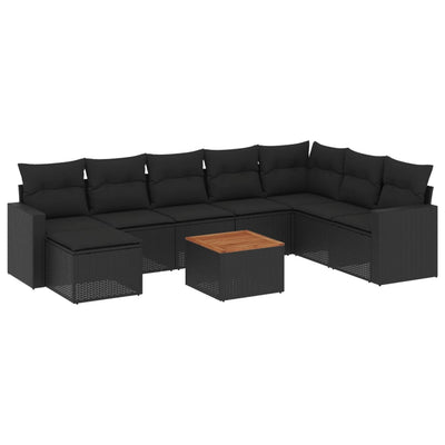 9 Piece Garden Sofa Set with Cushions Black Poly Rattan