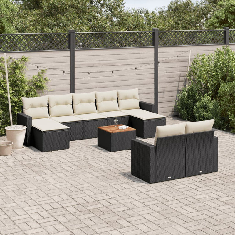 10 Piece Garden Sofa Set with Cushions Black Poly Rattan