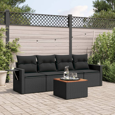 5 Piece Garden Sofa Set with Cushions Black Poly Rattan