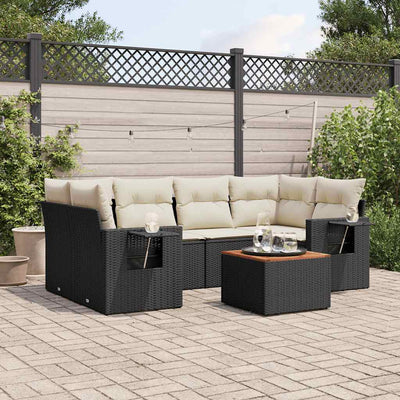 7 Piece Garden Sofa Set with Cushions Black Poly Rattan