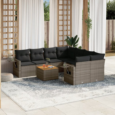 9 Piece Garden Sofa Set with Cushions Grey Poly Rattan