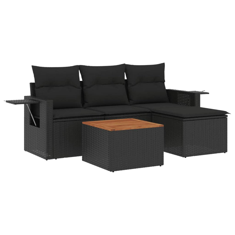 5 Piece Garden Sofa Set with Cushions Black Poly Rattan