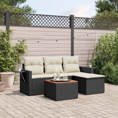 5 Piece Garden Sofa Set with Cushions Black Poly Rattan