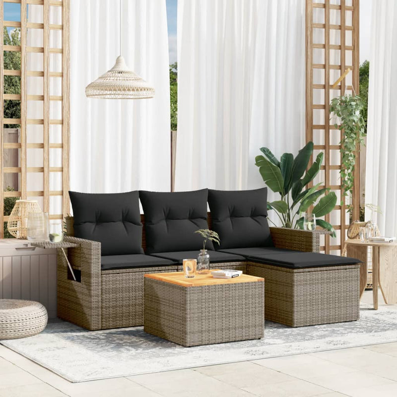 5 Piece Garden Sofa Set with Cushions Grey Poly Rattan