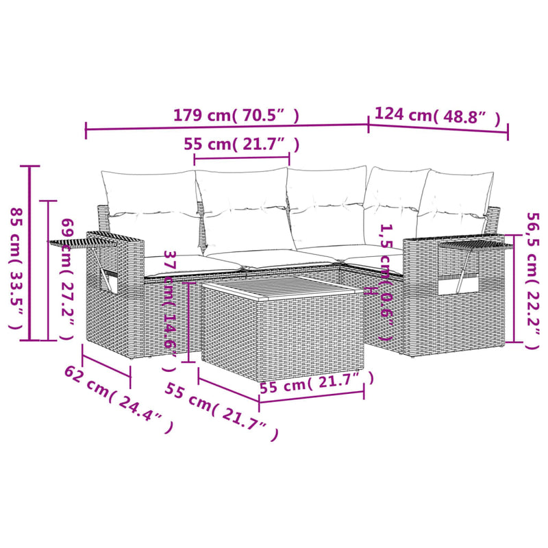 5 Piece Garden Sofa Set with Cushions Mix Beige Poly Rattan