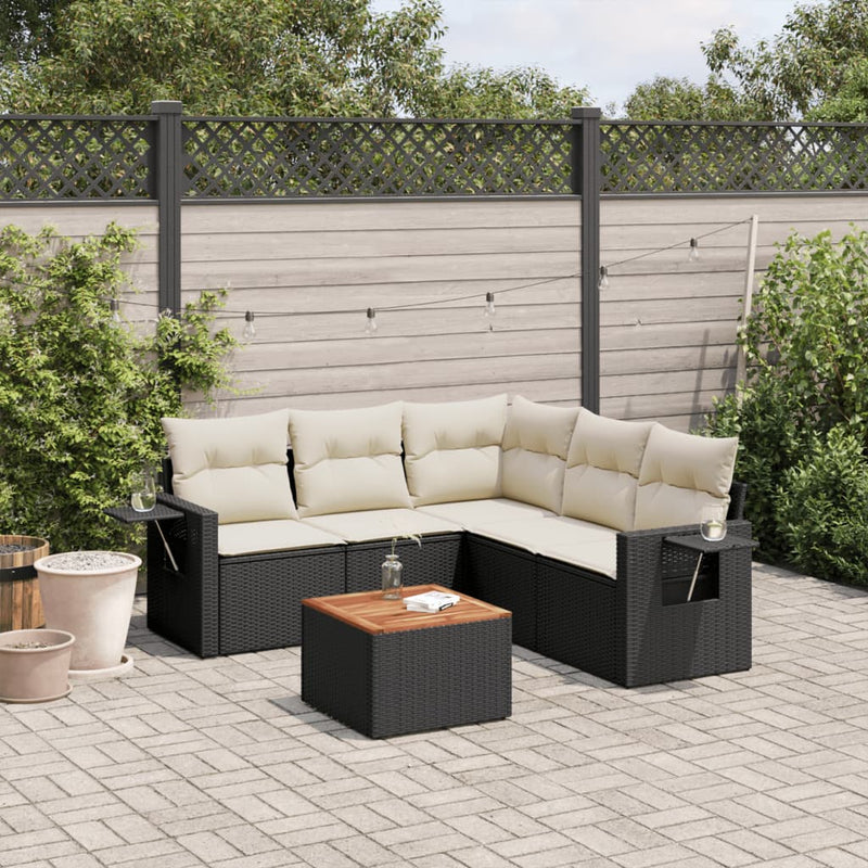 6 Piece Garden Sofa Set with Cushions Black Poly Rattan