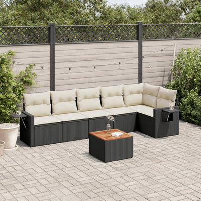 7 Piece Garden Sofa Set with Cushions Black Poly Rattan