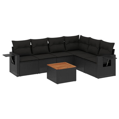 7 Piece Garden Sofa Set with Cushions Black Poly Rattan