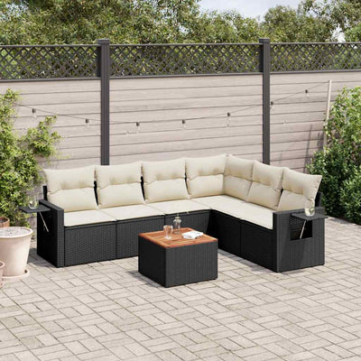 7 Piece Garden Sofa Set with Cushions Black Poly Rattan