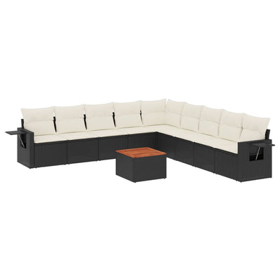 10 Piece Garden Sofa Set with Cushions Black Poly Rattan