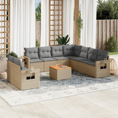 10 Piece Garden Sofa Set with Cushions Mix Beige Poly Rattan