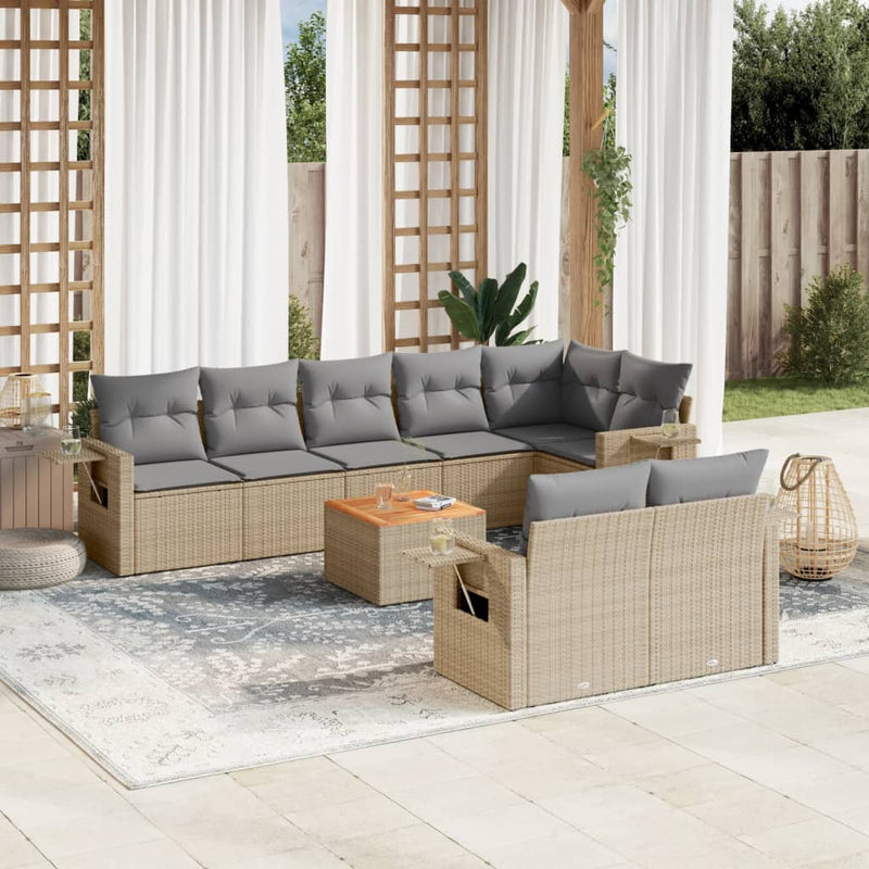 9 Piece Garden Sofa Set with Cushions Mix Beige Poly Rattan