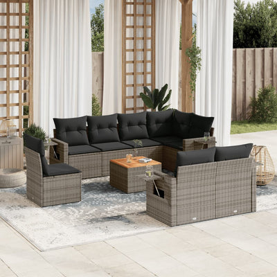 9 Piece Garden Sofa Set with Cushions Grey Poly Rattan