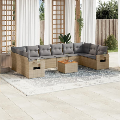 11 Piece Garden Sofa Set with Cushions Mix Beige Poly Rattan