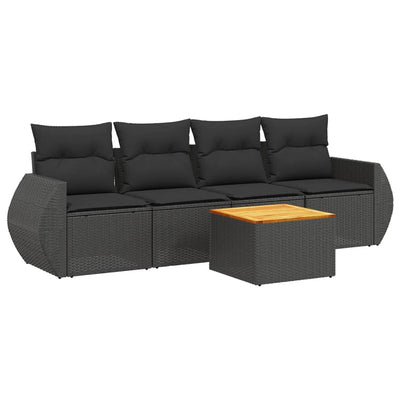 5 Piece Garden Sofa Set with Cushions Black Poly Rattan