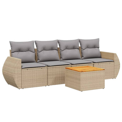 5 Piece Garden Sofa Set with Cushions Beige Poly Rattan