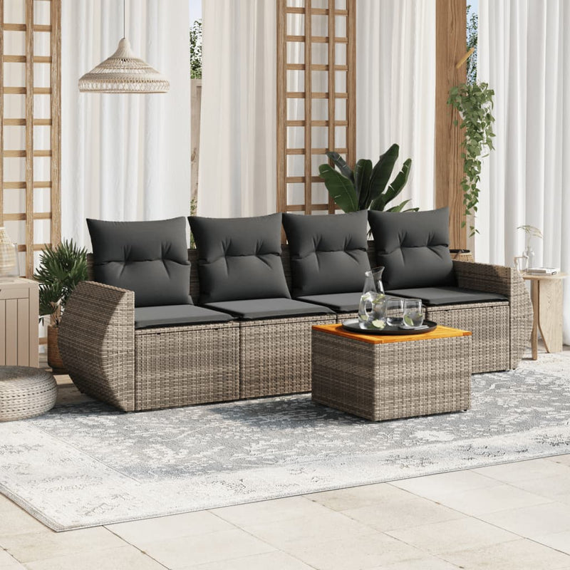 5 Piece Garden Sofa Set with Cushions Grey Poly Rattan