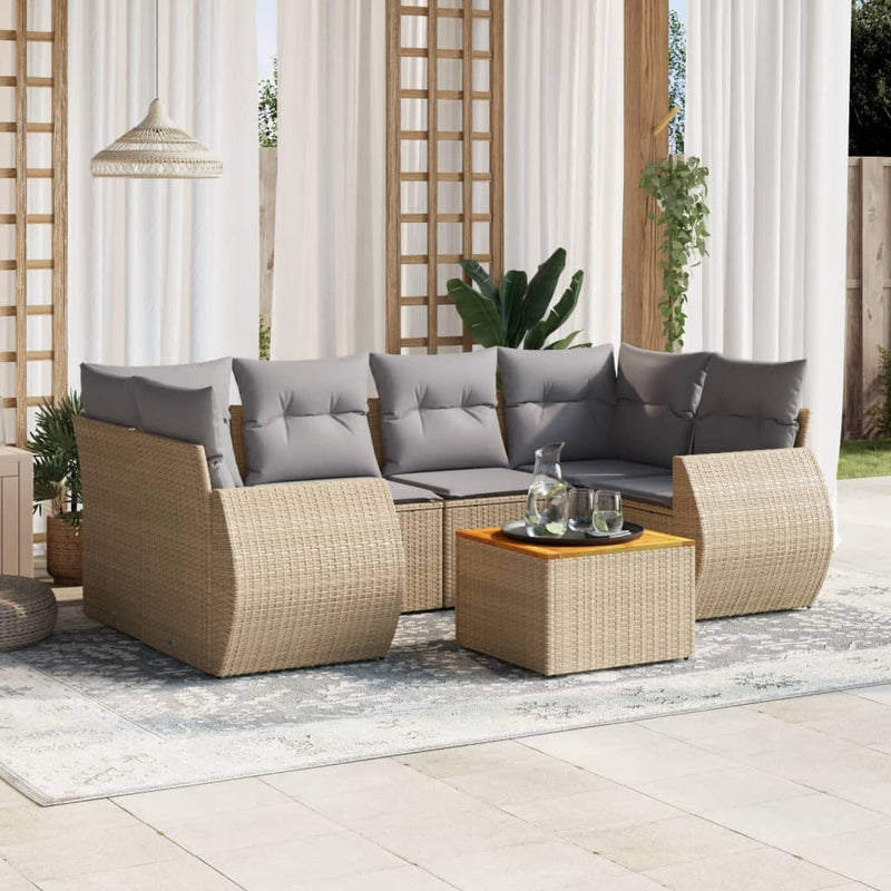 7 Piece Garden Sofa Set with Cushions Beige Poly Rattan