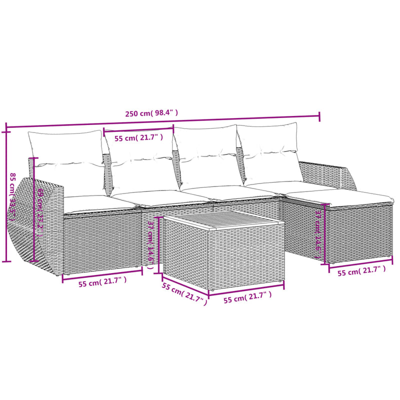 6 Piece Garden Sofa Set with Cushions Grey Poly Rattan