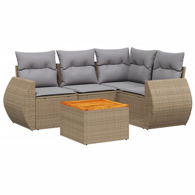 5 Piece Garden Sofa Set with Cushions Beige Poly Rattan