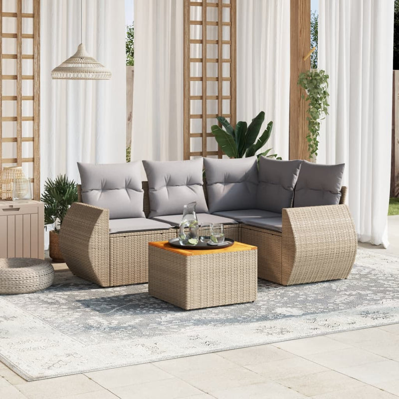 5 Piece Garden Sofa Set with Cushions Beige Poly Rattan