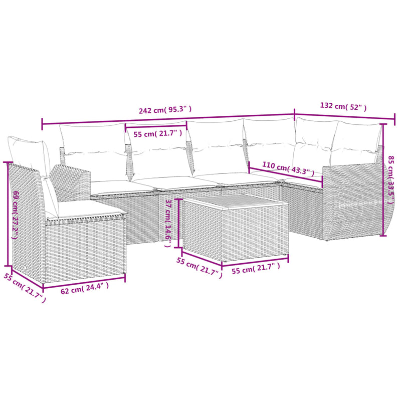 7 Piece Garden Sofa Set with Cushions Beige Poly Rattan