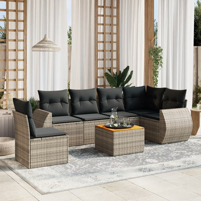 7 Piece Garden Sofa Set with Cushions Grey Poly Rattan