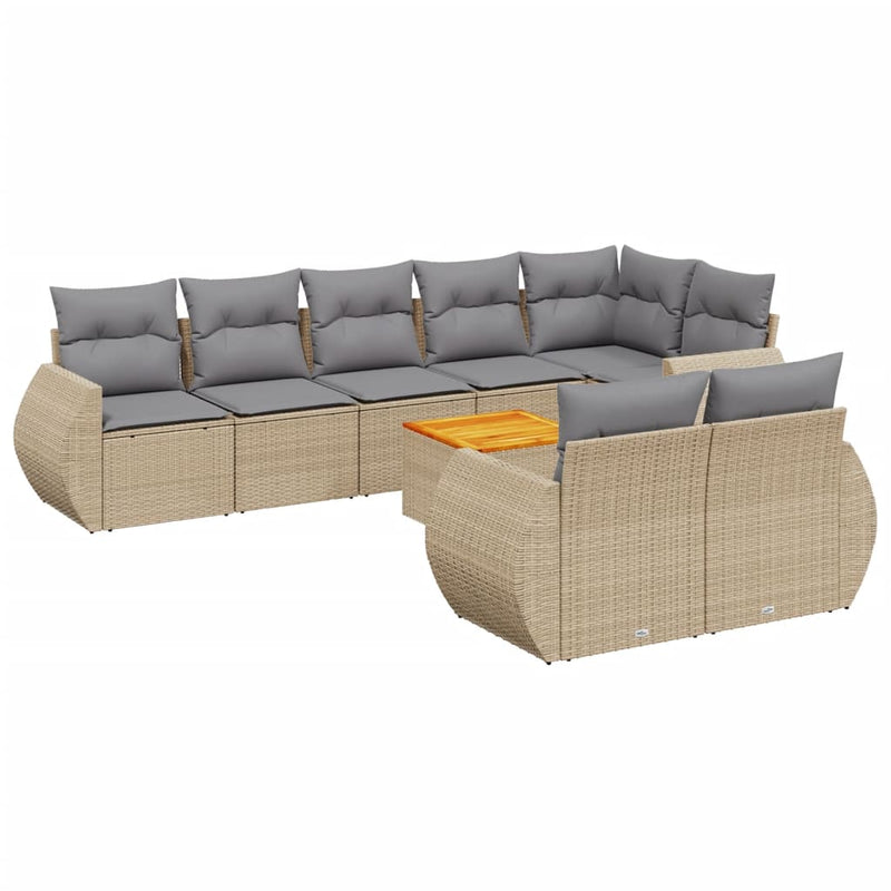 9 Piece Garden Sofa Set with Cushions Beige Poly Rattan