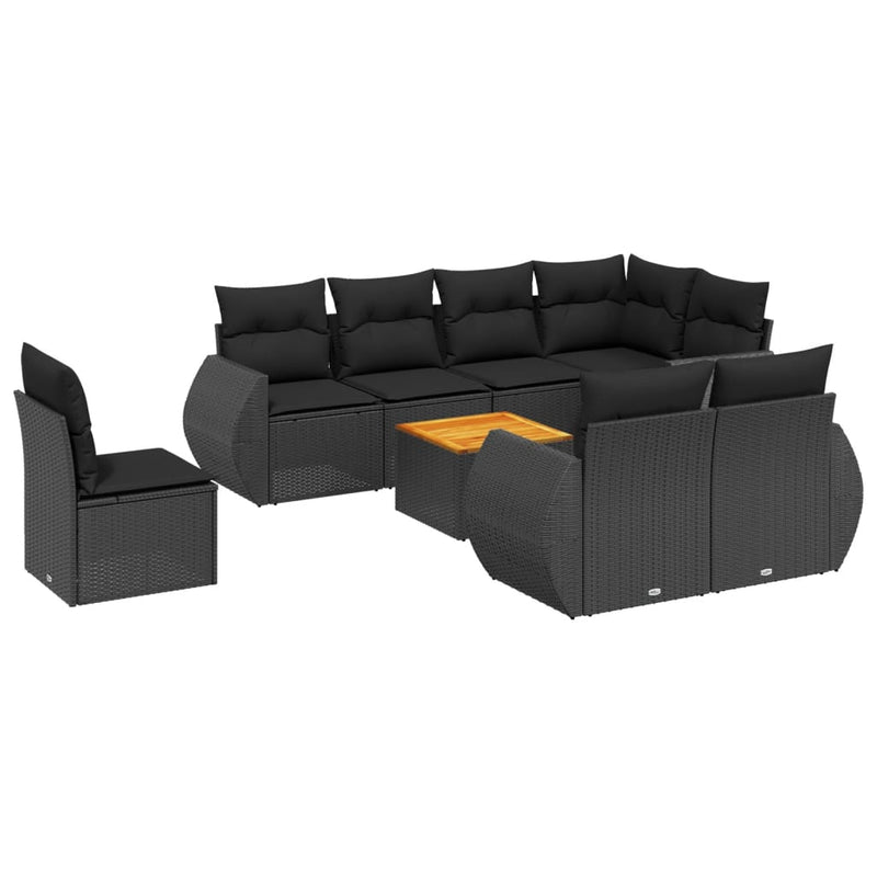 9 Piece Garden Sofa Set with Cushions Black Poly Rattan