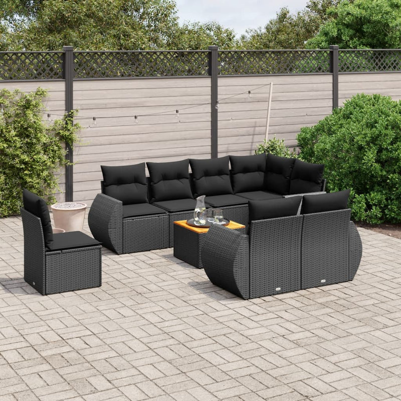 9 Piece Garden Sofa Set with Cushions Black Poly Rattan