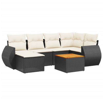 7 Piece Garden Sofa Set with Cushions Black Poly Rattan