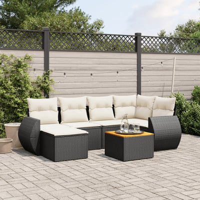 7 Piece Garden Sofa Set with Cushions Black Poly Rattan