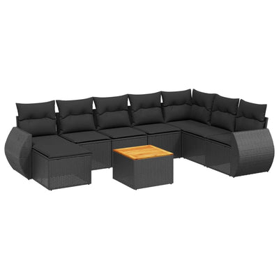 9 Piece Garden Sofa Set with Cushions Black Poly Rattan