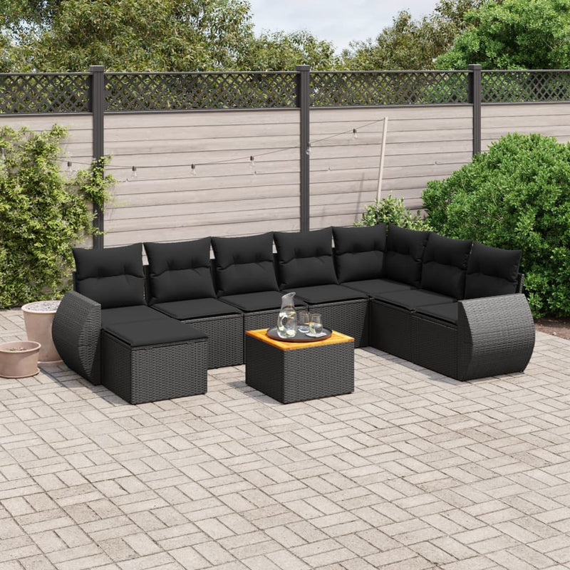 9 Piece Garden Sofa Set with Cushions Black Poly Rattan