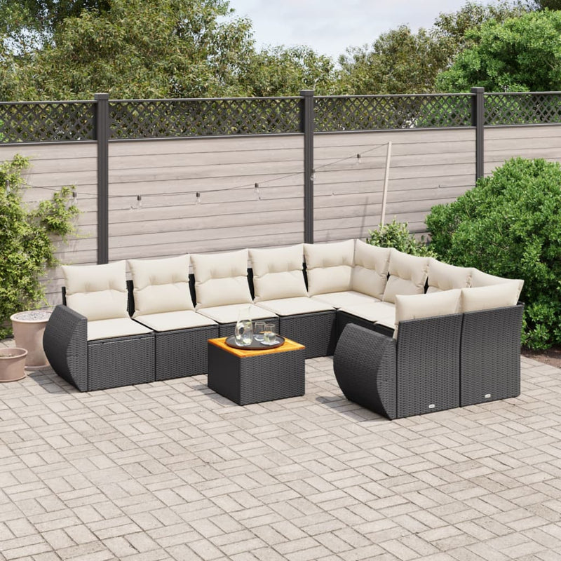 10 Piece Garden Sofa Set with Cushions Black Poly Rattan