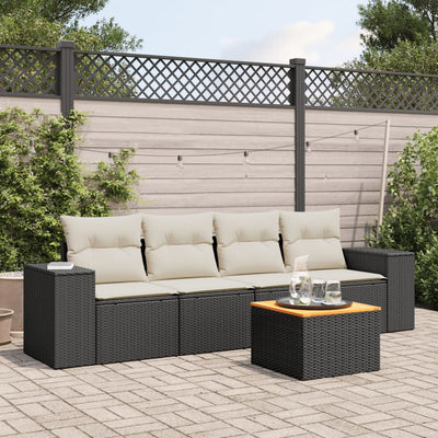 5 Piece Garden Sofa Set with Cushions Black Poly Rattan