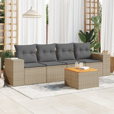 5 Piece Garden Sofa Set with Cushions Beige Poly Rattan