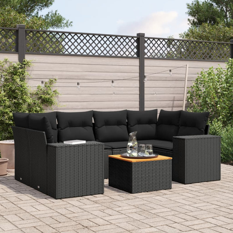 7 Piece Garden Sofa Set with Cushions Black Poly Rattan