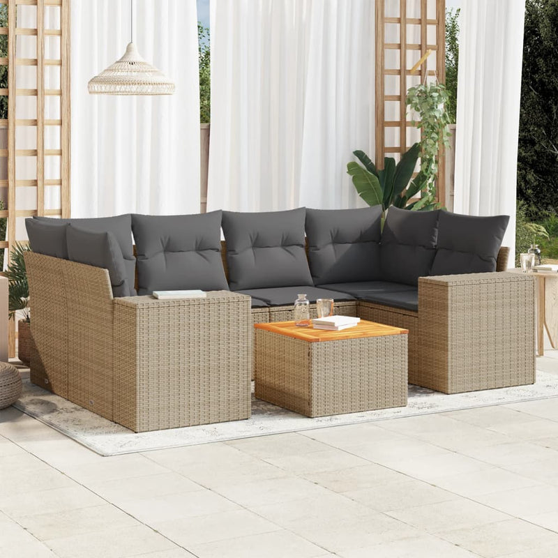 7 Piece Garden Sofa Set with Cushions Beige Poly Rattan