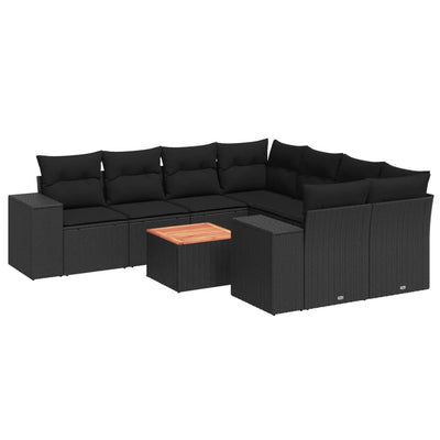 9 Piece Garden Sofa Set with Cushions Black Poly Rattan