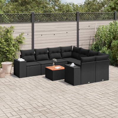 9 Piece Garden Sofa Set with Cushions Black Poly Rattan