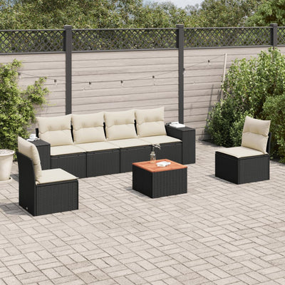 7 Piece Garden Sofa Set with Cushions Black Poly Rattan