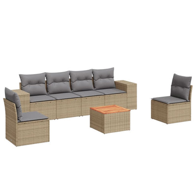 7 Piece Garden Sofa Set with Cushions Beige Poly Rattan