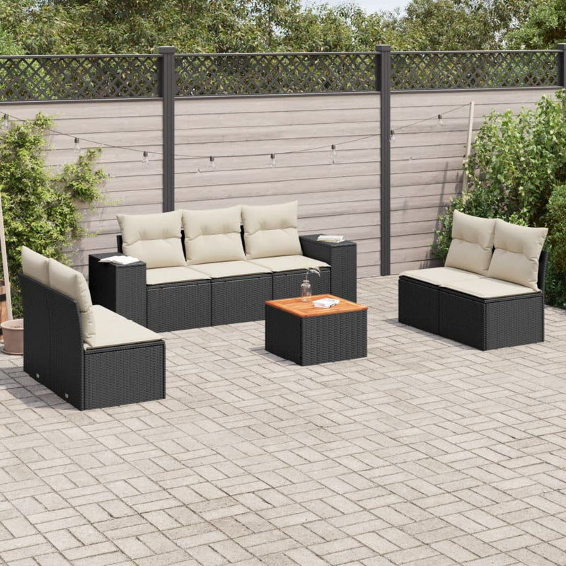 8 Piece Garden Sofa Set with Cushions Black Poly Rattan