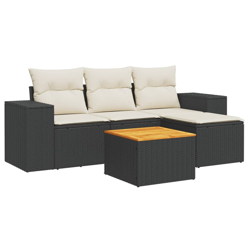 5 Piece Garden Sofa Set with Cushions Black Poly Rattan