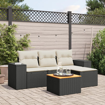 5 Piece Garden Sofa Set with Cushions Black Poly Rattan