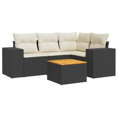 5 Piece Garden Sofa Set with Cushions Black Poly Rattan