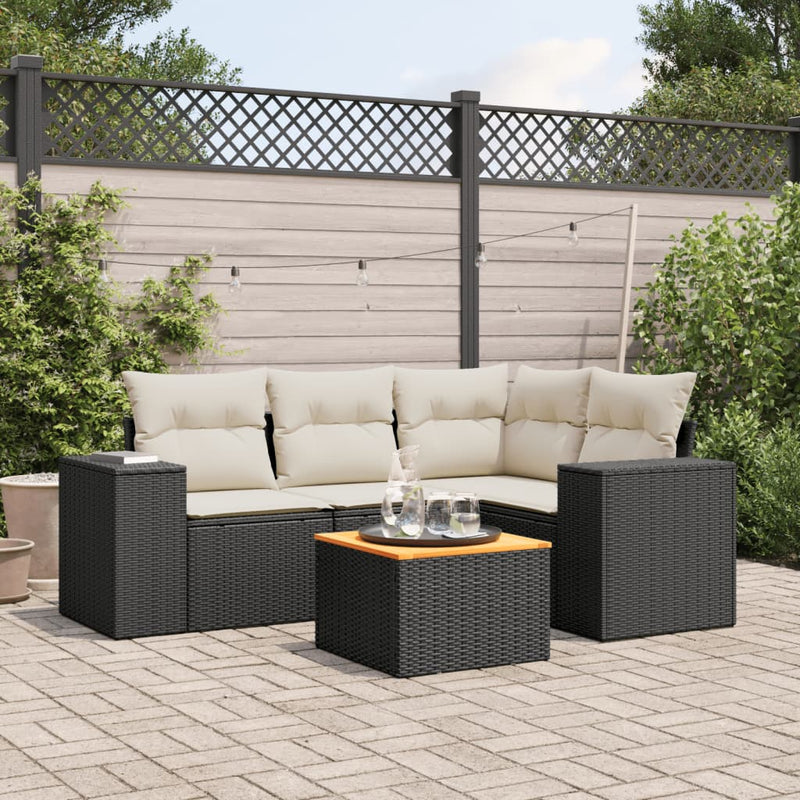 5 Piece Garden Sofa Set with Cushions Black Poly Rattan