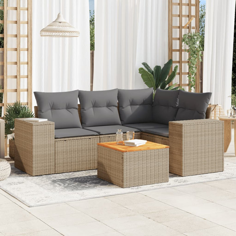 5 Piece Garden Sofa Set with Cushions Beige Poly Rattan